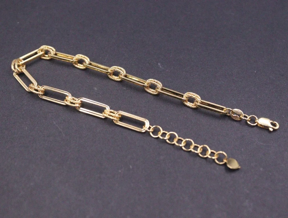 여성용 진짜 순수 18K 옐로우 골드 체인, 행운의 사각형 케이블, 타원형 링크 팔찌, 4.2g / 19cm