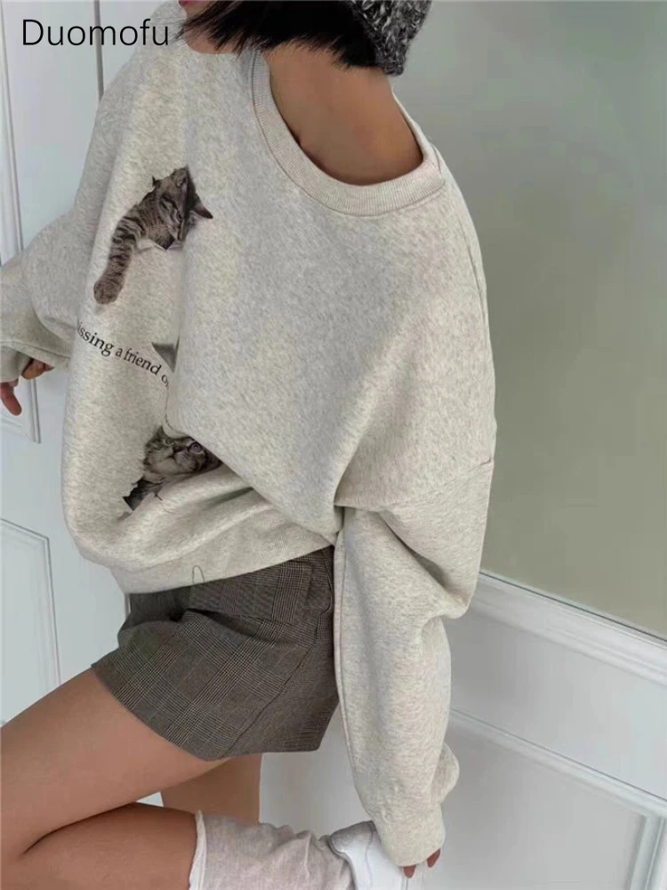Duomofu New Harajuku Cute White Sweatshirt Women Japanese Style Cat Long Sleeve Pullover Y2k Kpop Streetwear Oversize Loose Tops
