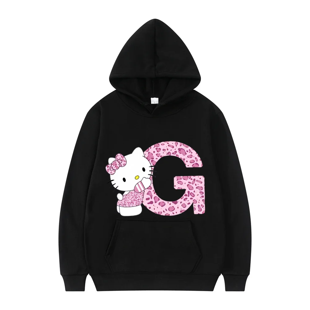 2025 Black Hello Kitty Letter A-Z Woman and Men Long-sleeved Hoodies Sanrio Hoodies Clothes Cartoon Clothes Kawaii Birthday Gift 4
