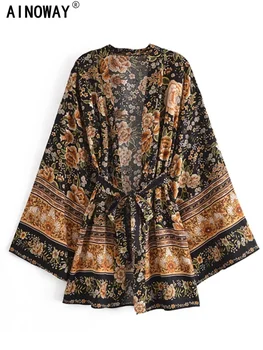 Vintage Chic Women Floral Print Batwing Sleeve Beach Bohemian Short Kimono Ladies V Neck Summer Boho Bikini Robe Cover-ups 1