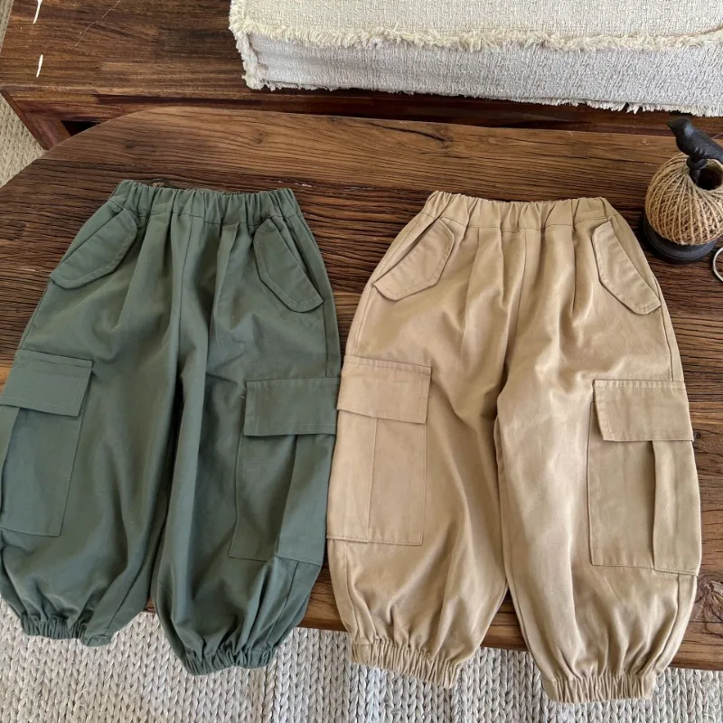 

2023 Autumn Kids Pants Boys Solid Color Cargo Pants Girls Cotton Loose Casual Trousers