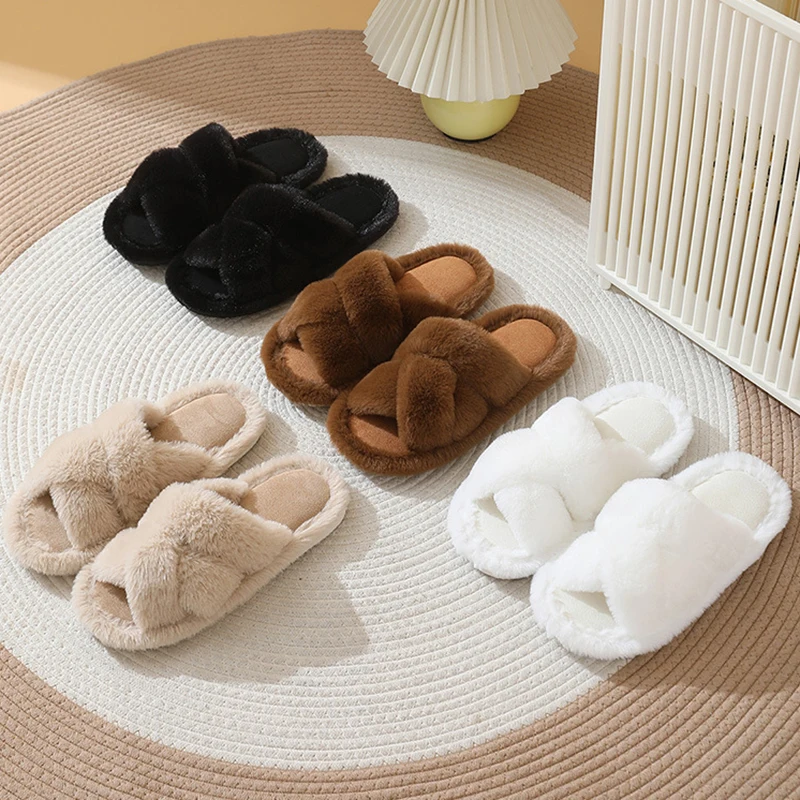 Autumn Winter Home Fur Slippers Women 2025 Indoor Soft Flat Heel Sldies Woman Lightweight Non Slip Open Toe Plush Slippers Mujer