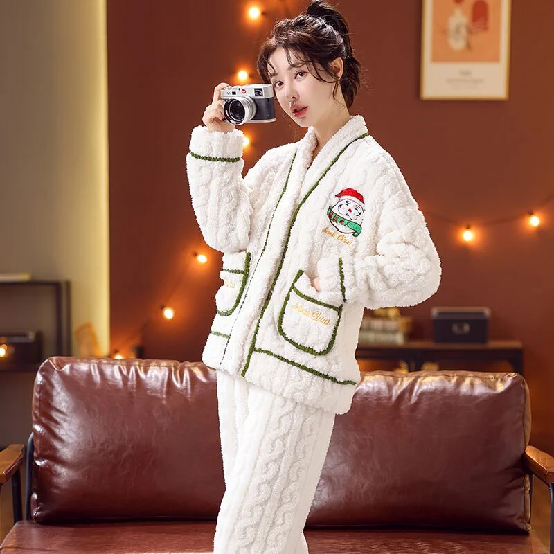 Sleepwear Women's Autumn Winter Sets New Flannel Plush Thickened V-Neck Cardigan For Home Wearing Christmas Set Red Pajamas Thic
