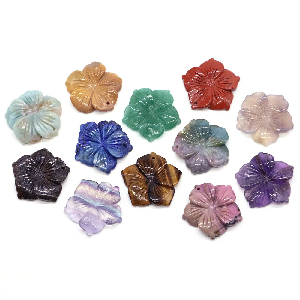 28mm Drilled Peach Blossom Flowers Natural Crystal Stones Fluorite Amethyst Rose Quartz Carved Gemstone for Diy Handicrafts Gift 2