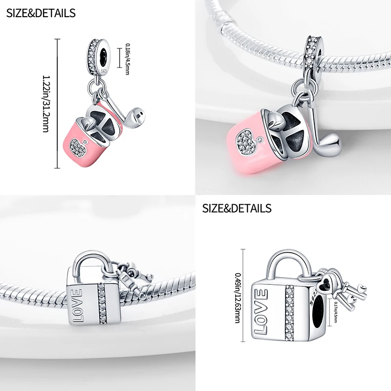 S925 Silver Color Travel Shopping Bag Pink Music Earphone Charms Fit For Pan Original Bracelet DIY Fine Jewelry Making beads charms,charm jewelry,charm bead,beads jewelry,silver charm bead,sterling silver beads charm,bead jewelry making