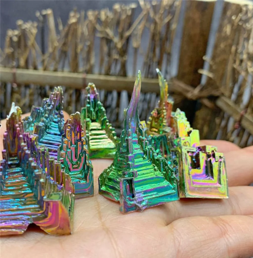 Natural Crystal Stone Natural Bismuth Tower Metal Mineral Crystal Tower Point Pyramid Stones Gemstone Reiki Healing Meditation Collection Home Decor