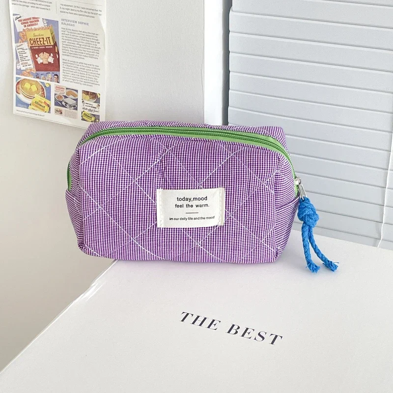 Quilted Plaid Girls Cosmetic Bags Retro Ladies Clutch Pencil Case Coin Purse Portable Travel Female Toiletry Storage Bag Handbag 4