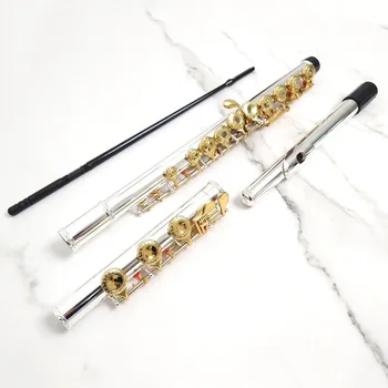 Hand-Carved Flute with Gold Plating, B Foot, 17 Open Holes, Gold Keys C Tone Beginner Flute, Silver-Plated Body