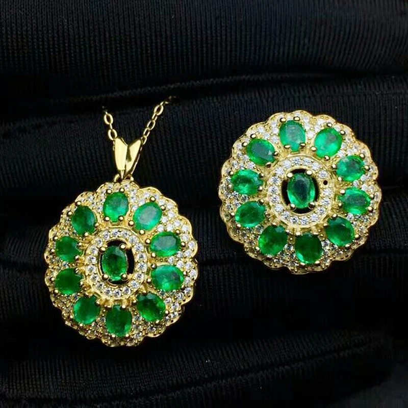 

MeiBaPJ Природный Изумрудный драгоценный камень, набор ювелирных изделий из двух частей из серебра с зеленым камнем для женщин