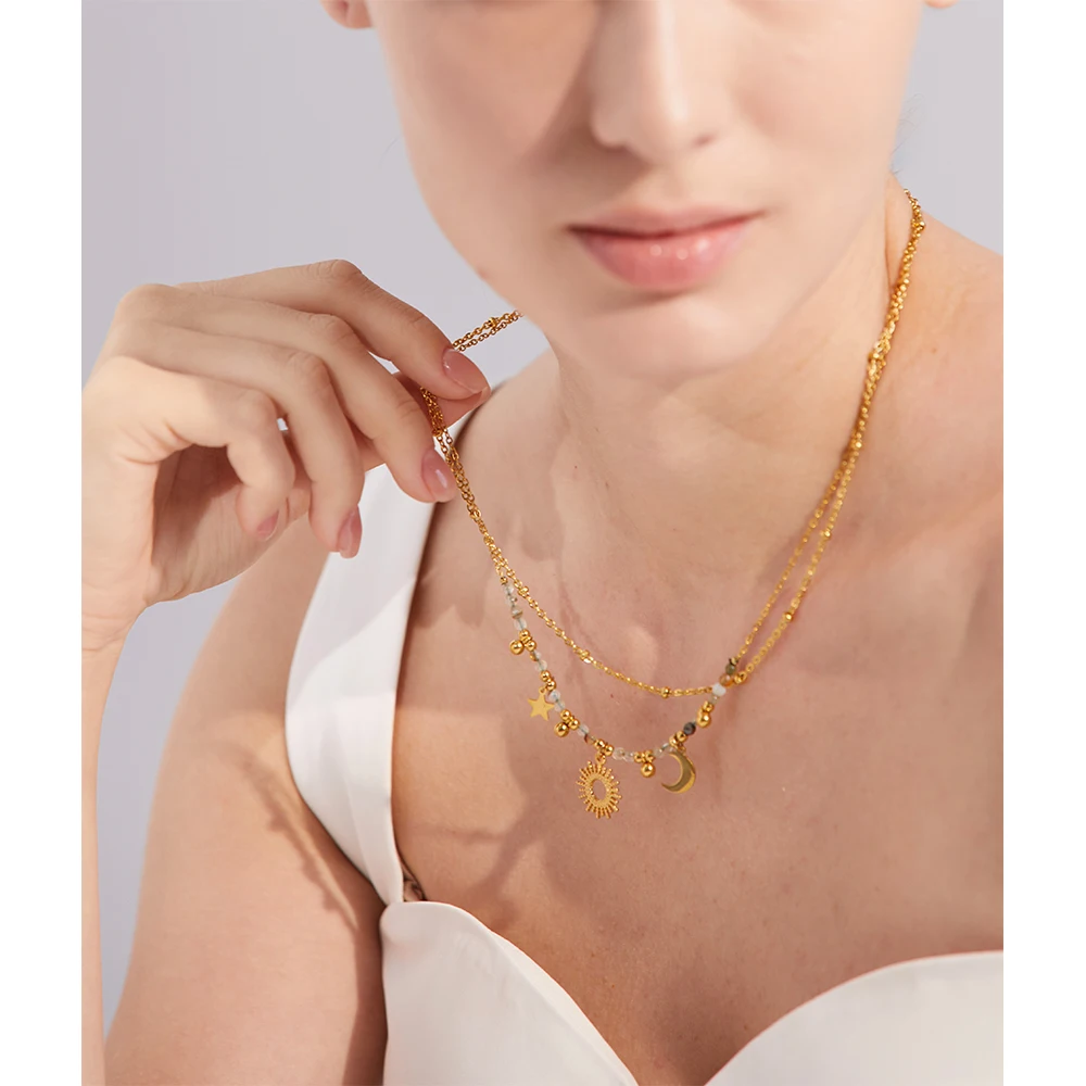 Natural Stone Beads Handmade Double Chain Layered Stainless Steel France Necklace - Image 4