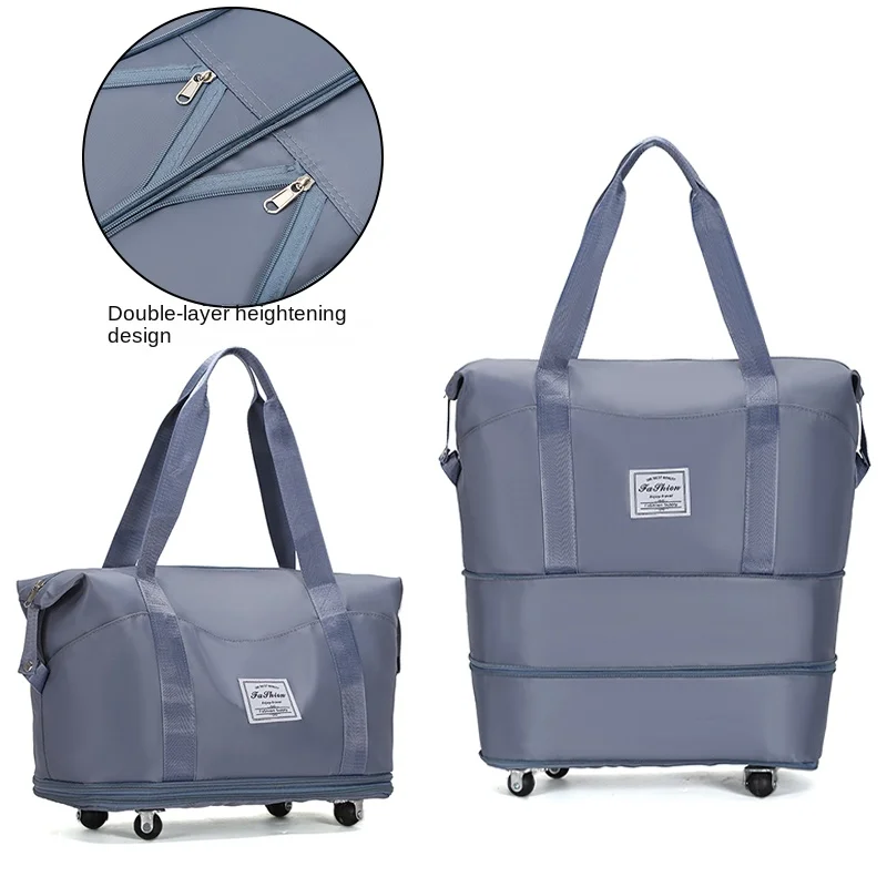 

Heightable Extended Women Trolley with Wheel Boarding Detachable Travel Luggage Nylon Solid Duffle Large Big Shopping Bags