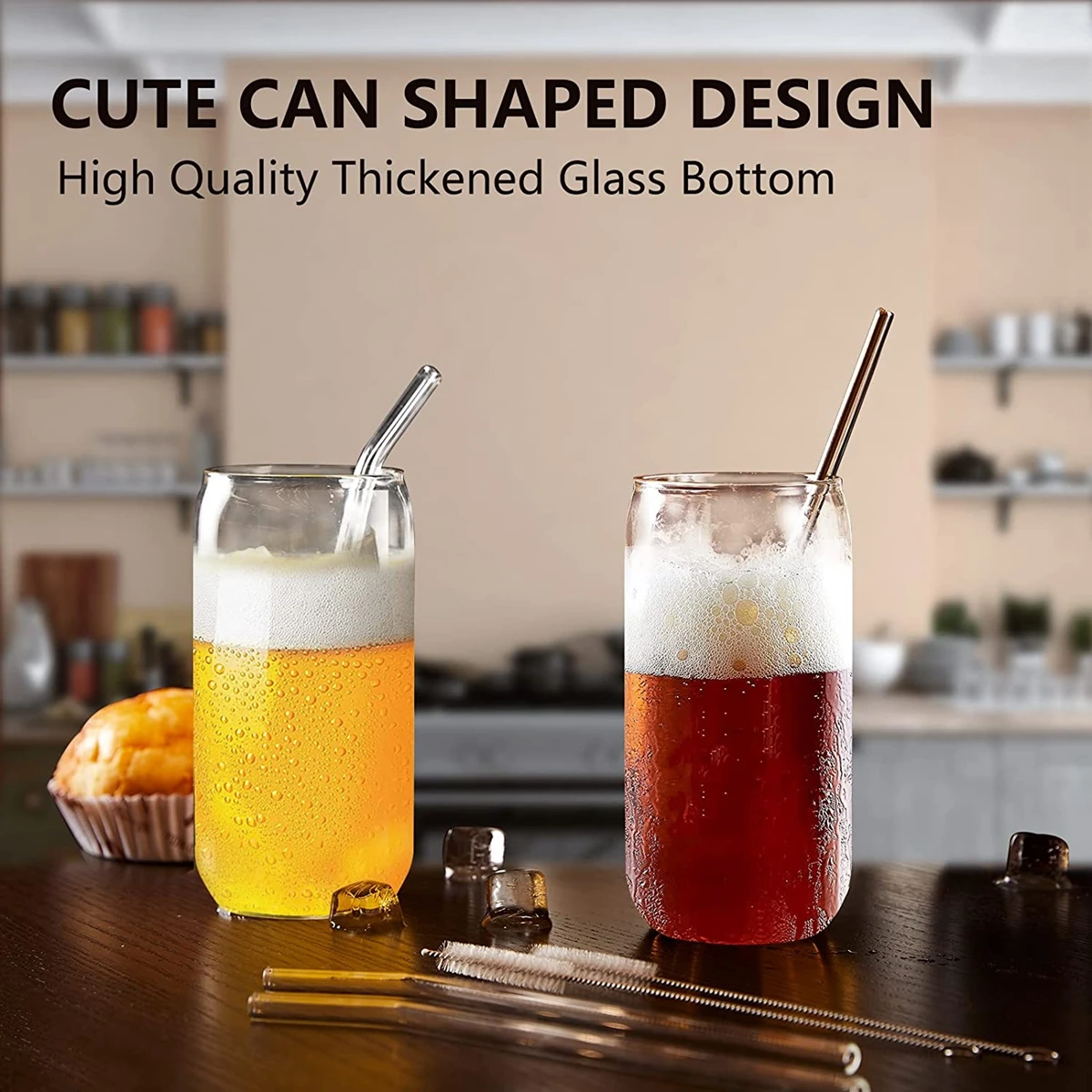  Finew 8PCS Drinking Glasses with Bamboo Lids and Straws, Glass  Cups Set, 16oz Beer Can Shaped Glasses, Iced Coffee Cups, Cute Tumbler Cup,  for Whiskey, Wine Cocktail Boba Tea Gift 