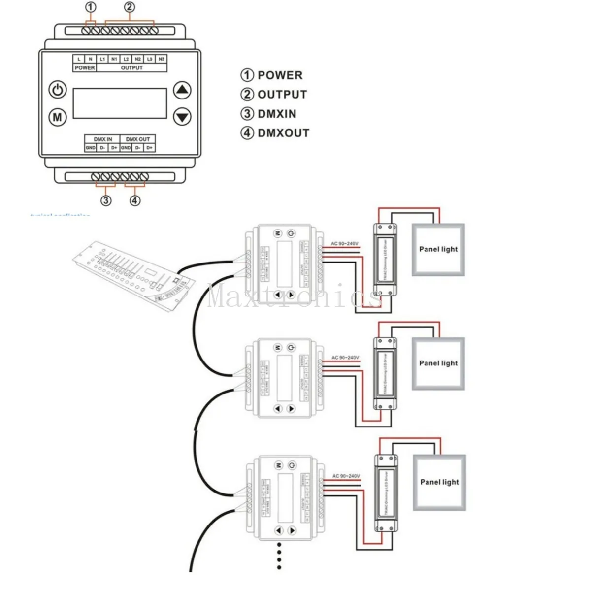 DMX302 ad alta tensione DMX Triac Led Dimmer 3 canali 1A/CH Controller di luminosità AC90V-240V 50Hz/60Hz uscita per pannello LED