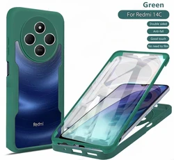 3-in-1 360° Clear Shockproof Screen Protector and Soft Silicone Bumper Case for Redmi 14C (Dark Green)
