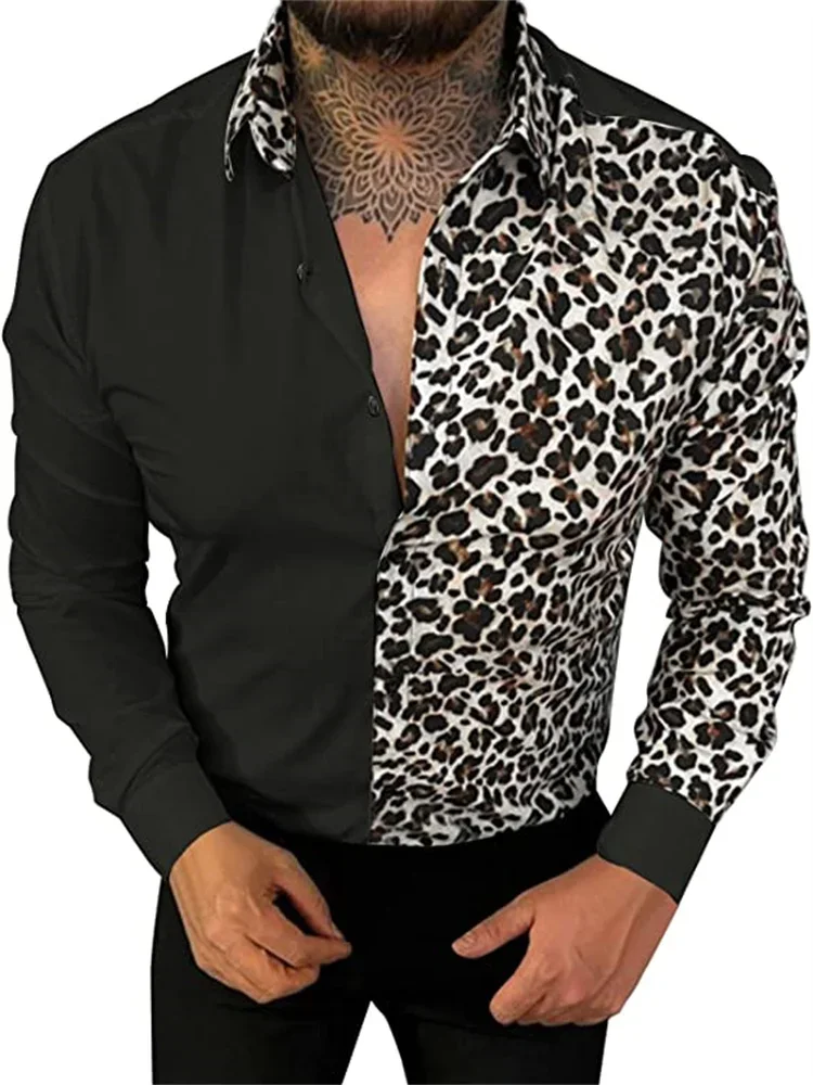 2023 Fashion New Men's Retro Leopard Print Animal Print Button Long Sleeve Casual Shirt S-6XL Size Black White Leopard Print zaful leopard animal print thong bikini bottom s white