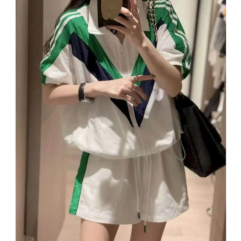 

Shorts Sets Two Piece Sets Oversized Korean Style Casual Women Suit Sporty Loose Thin Patchwork Jacket High Waist A-line Shorts