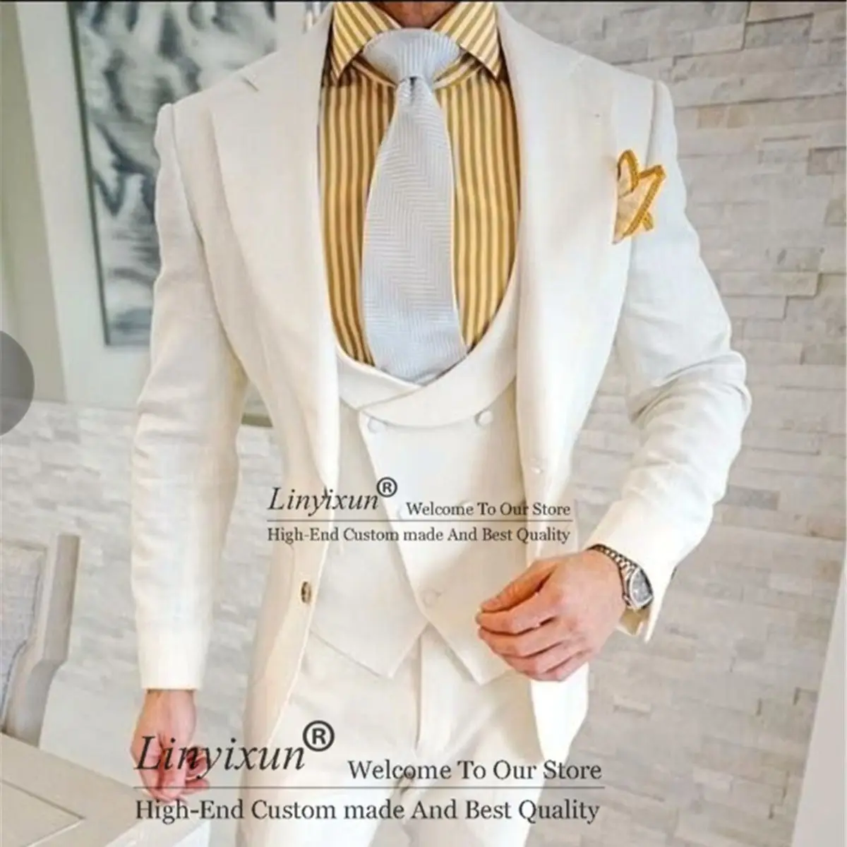 

Beige Slim Fit Men Suits Double Breasted Waistcoat Fashion Groom Wedding Tuxedo 3 Piece Sets Male Prom Blazer terno masculino