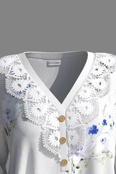 Plus Size Lace Patchwork V Neck Floral Print Blouse 5