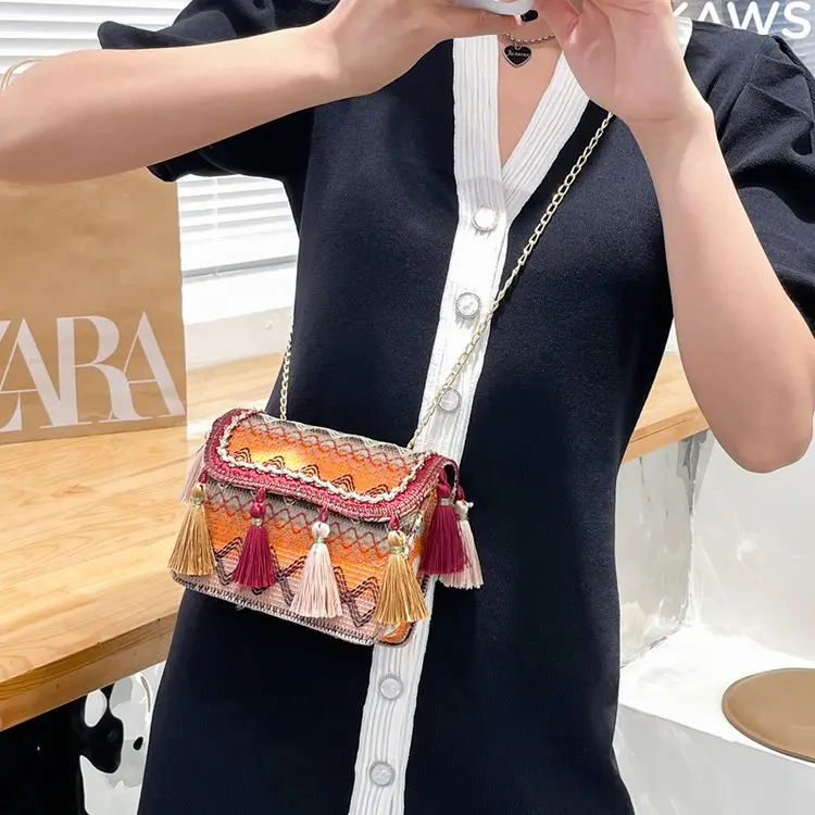 Tassel Bohemia Shoulder Square Bag Embroidery Summer Handwoven Beach Mix Contrast Color Designer Thin Metal Strap Hasp Pocket