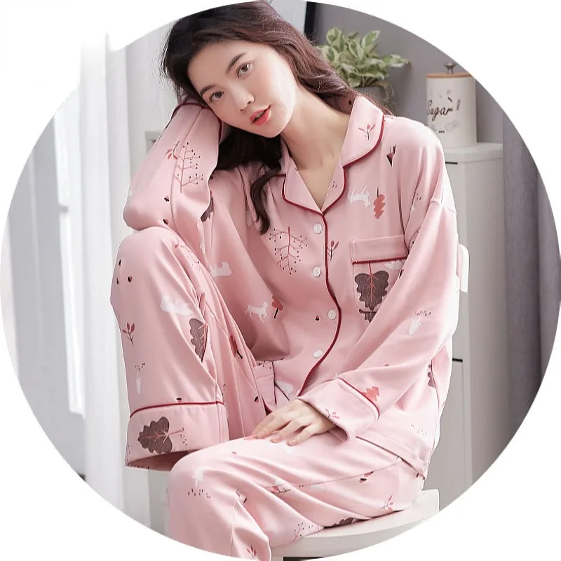 

2024 New Cotton Pajamas Women Spring Summer Sleepwear Long-sleeved Cardigans Homewear Loose Casual V-neck Loose Loungewear Set