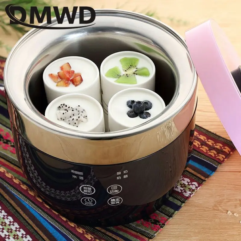 DMWD Microcomputer Greek yogurt maker Four cups yourt Multifunctional For Rice wine/yogurt/cheese 20W Stainless steel liner