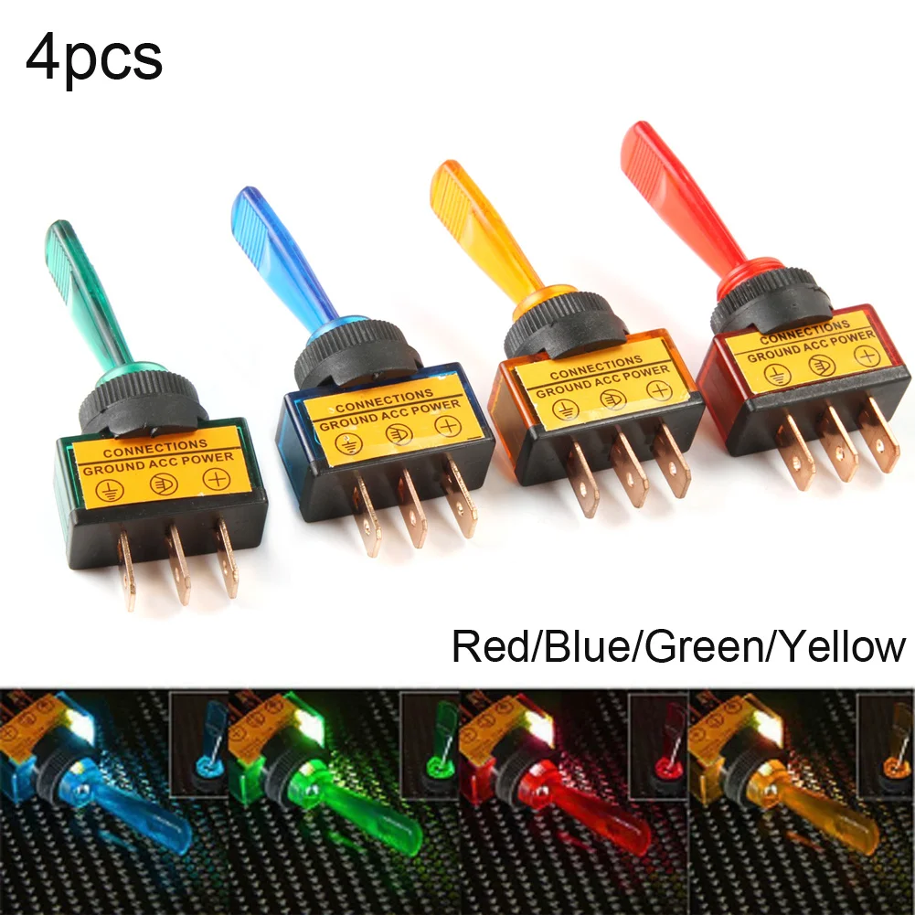 

4pcs 12V 20A Car Light Toggle Rocker Switch On/Off SPST For Car Boat 3Pin With LED Lamp Red/Green/Blue/Yellow Rocker Switches