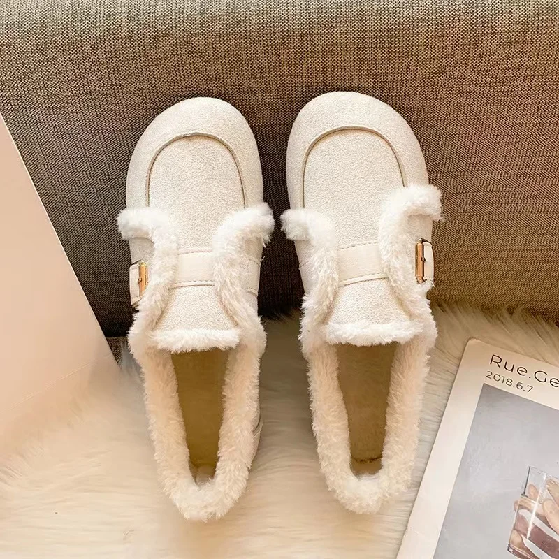 New Ladies Sweet Winter Women Shoes  Plush Outdoor Slip-On Casual Snow Boots Suede Shoes Comfortable Flats Loafers
