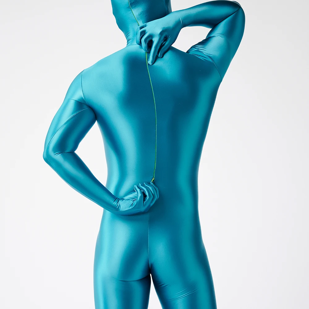 thumbnail image 1 of Trajes de Halloween de Zentai de licra de alta calidad, de color azul pavo real suave y brillante, para mujer y hombre, traje Zentai con dedos del pie, 1 of 4