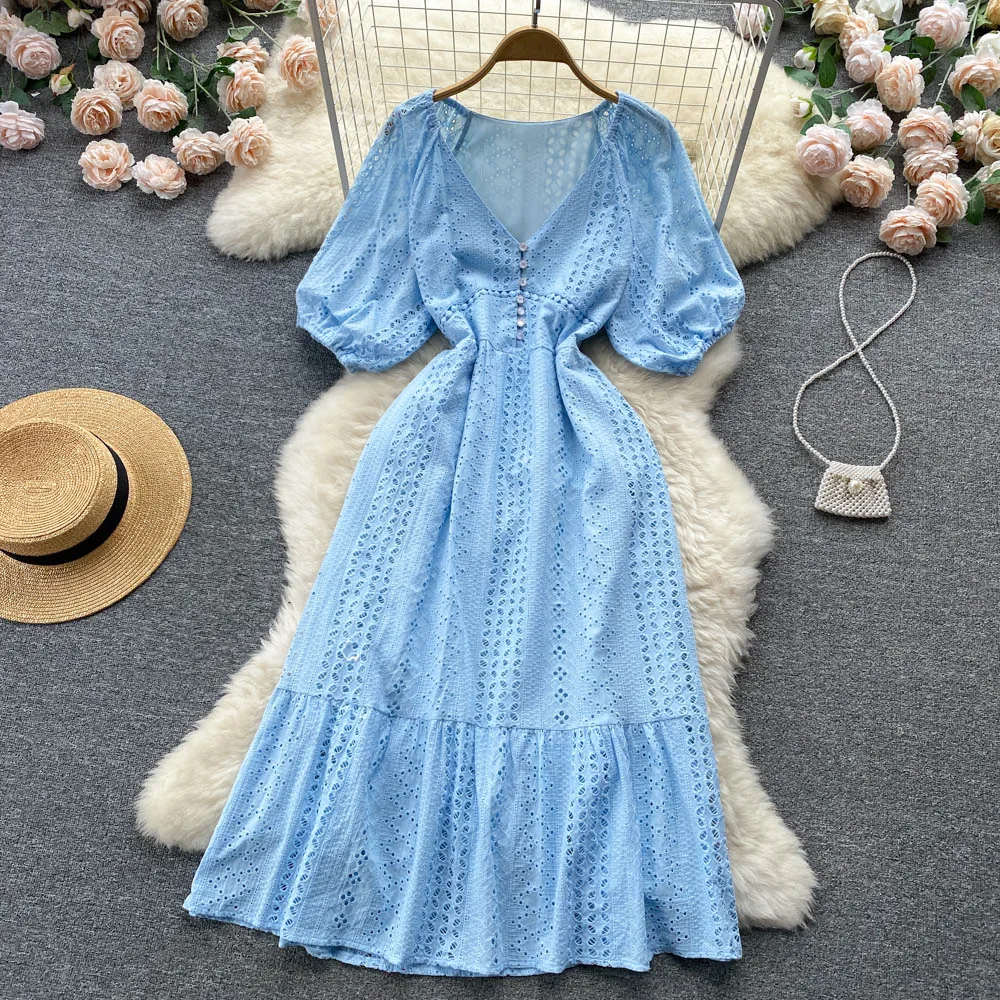 

Women's Casual Puff Sleeve V Neck Long Dress Summer Chic Elegant Short Sleeve High Waist Dress Lady Hollow Out Vestidos