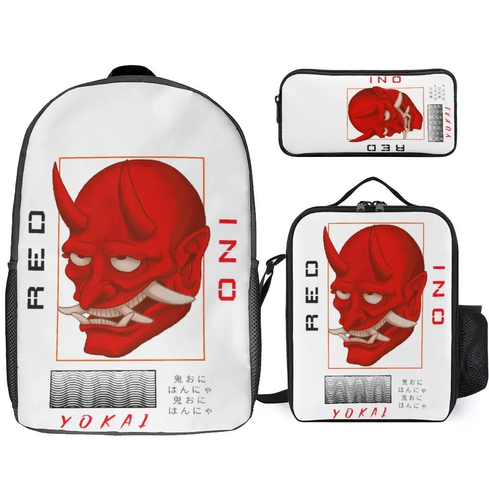3 In 1 Set 17 Pollici Zaino Lunch Bag Pen Bag Red Oni Yokai Orge In Vendita Demon Japan Firm Pencil Case Comode Scuole Carine