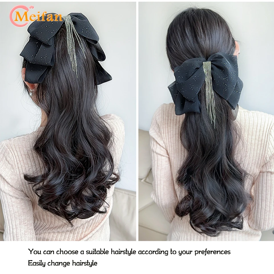 Synthetic Long Wavy Curly Claw Ponytail with Bowknot Tassel Hairpin Clip in Hairtail Extension Natural Fake Ponytail Hair MEIFAN