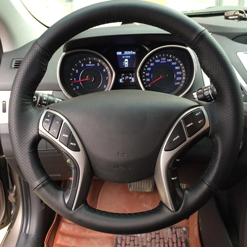 GNUPME Housse de volant de voiture en cuir artificiel noir cousue à la main pour Hyundai Elantra 2011-2016 Avante i30 2012-2016