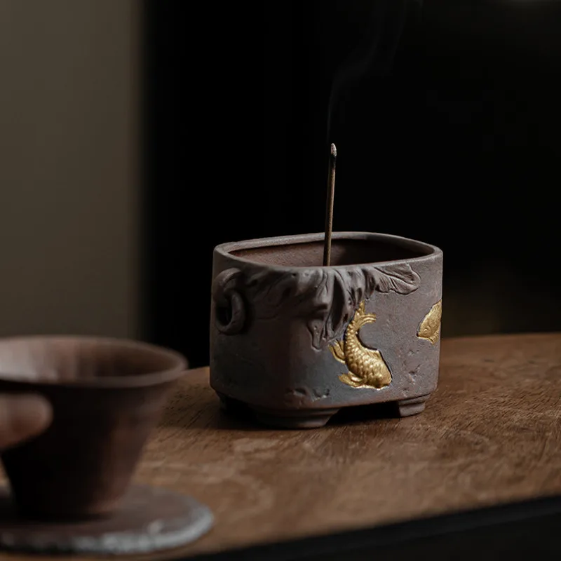 Gold Koi Fish Fragrance Insertion Holder Chinese Aromatherapy Stove Four Legged Art Thread Incense Stand Home Desktop Ornament