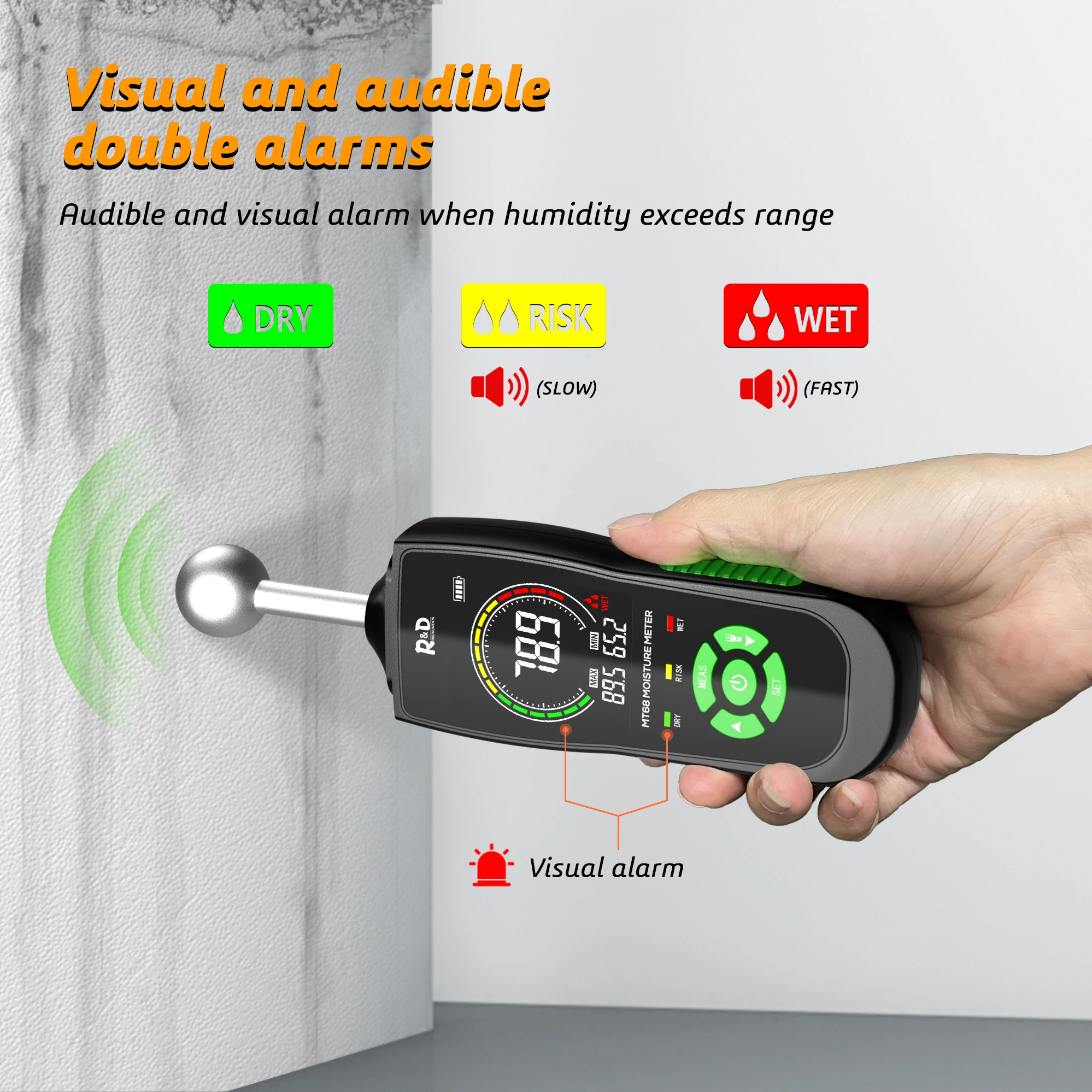 Wood Moisture Meter R&D MT68 Digital Wood Moisture Meter Non-contact Timber Damp Detector LCD Screen Hygrometer Alarm Humidity Tester Ball Detector
