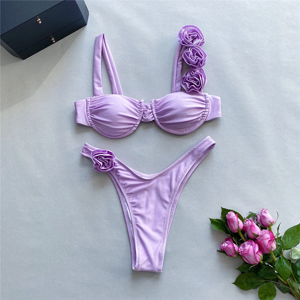 セクシーな 3D フラワーローズレッドプッシュアップビキニセット