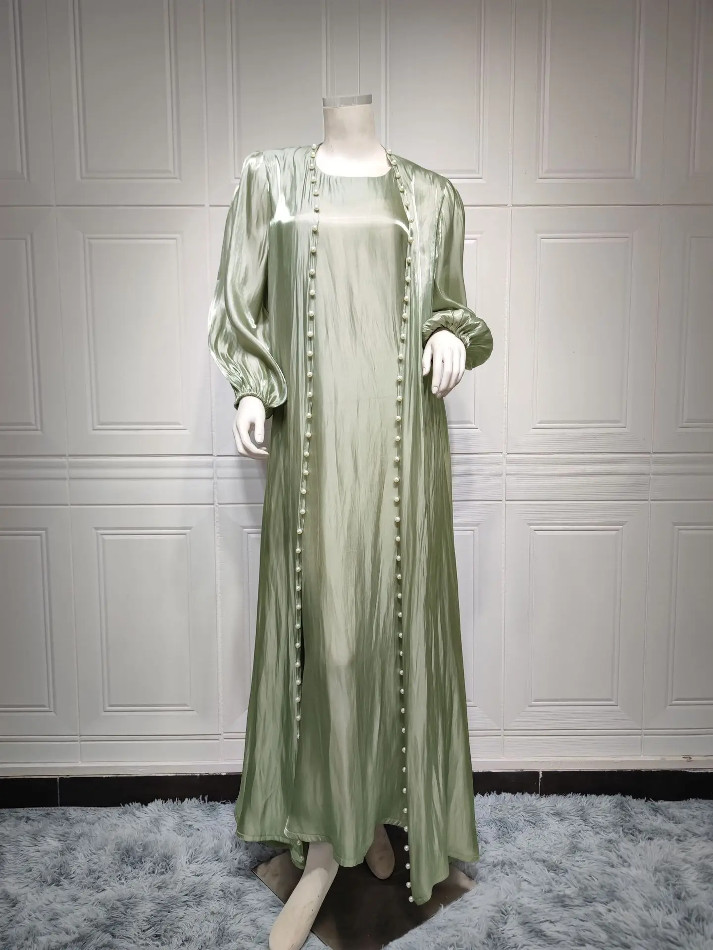 Kaftan Moroccan Abaya New Cardigan Muslim Set Beaded Satin Long Khimar Ramadan Gown Abayas Dress Two-piece Islamic Clothes