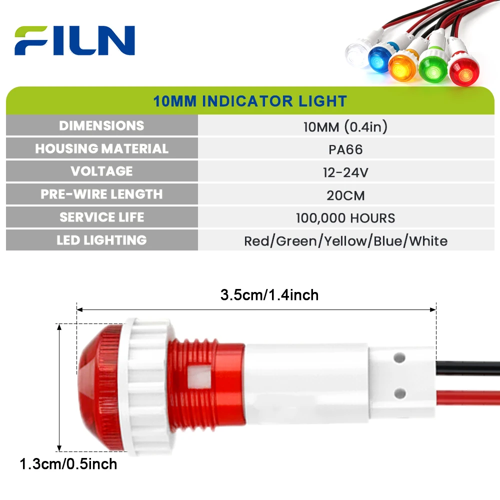 FILN 10/25PCS 10mm 12v-24v LED 표시등 IP67 방수 경고등 보트 산업 제어 장비 대시보드용