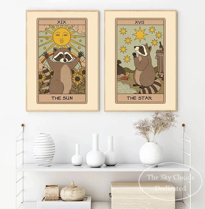 Cute Animal Canvas Painting Red Panda Raccoon Tarot Card Poster Modern HD Printed Wall Art Pictures Living Room Bedroom Decor