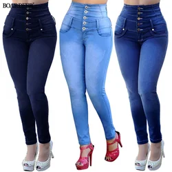 Women Jeans Pants Ladies Spring Autumn High Waist Casual Stretch Denim Pencil Pants Female Slim Buttons Skinny Push Up Trousers