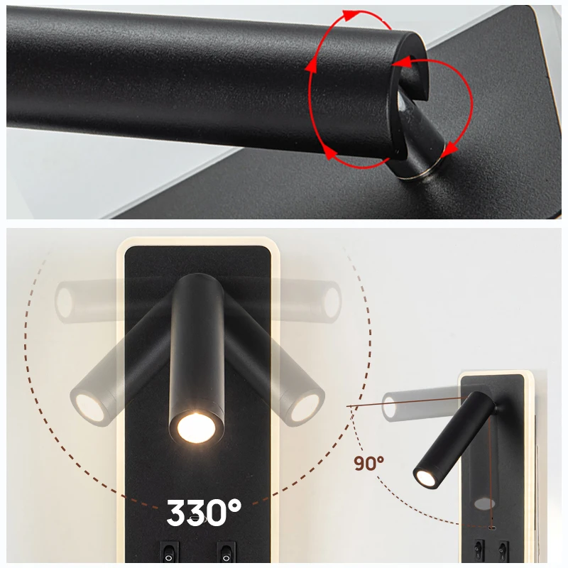 LED 가정용 배터리 USB 충전 벽 램프, 직사각형 자기 흡입 설치, 이중 제어 스위치, 실내 침대 옆 조명, 6W