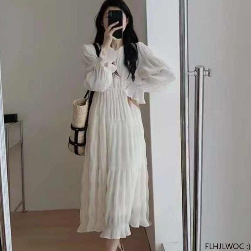 

Длинные белые платья, лидер продаж 2023, Осеннее женское дизайнерское платье в корейском и японском стиле, романтичное винтажное платье с оборками