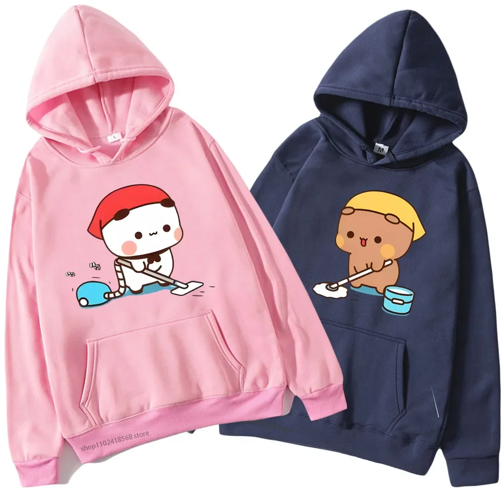 Kawaii DuDu and BuBu cleaning their house Hoodies Panda Bear Brownie Sweatshirt Winter Autumn Coats Couple Clothes for Women Men
