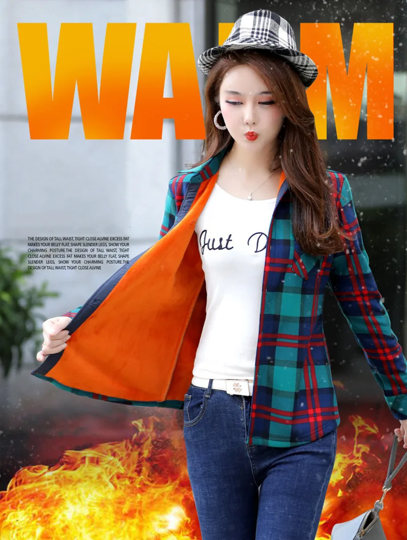

Winter Women Shirts Velvet Thick Plaid Shirt Slim Fit Stretch Thermal Tops Three-Dimensional Slim Fit Plus Size