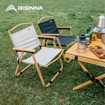 BISINNA 야외 의자 가구, 휴대용 접이식 알루미늄 합금 캠핑 의자, 너도밤나무 나무 팔걸이 낚시 의자