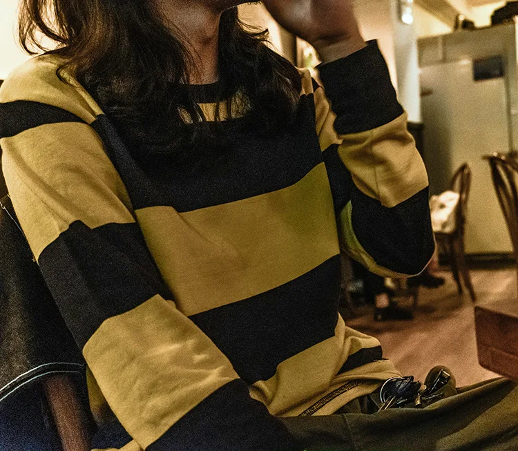 New Spring Men's Long Sve T-irt Heavyweight Yellow Blue Stripes Nautical Vintage Sle Cotton Casual round Ne Top