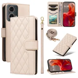 Elegant Leather Crossbody Wallet with Lanyard and Phone Stand Feature - MOTO E14 (Beige)