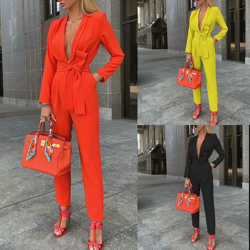 

African Women's Solid Color Jumpsuit Women Sexy Deep V Neck Belt Rompers 2023 Autumn Fashion Casual New Office Lady Jumpsuit