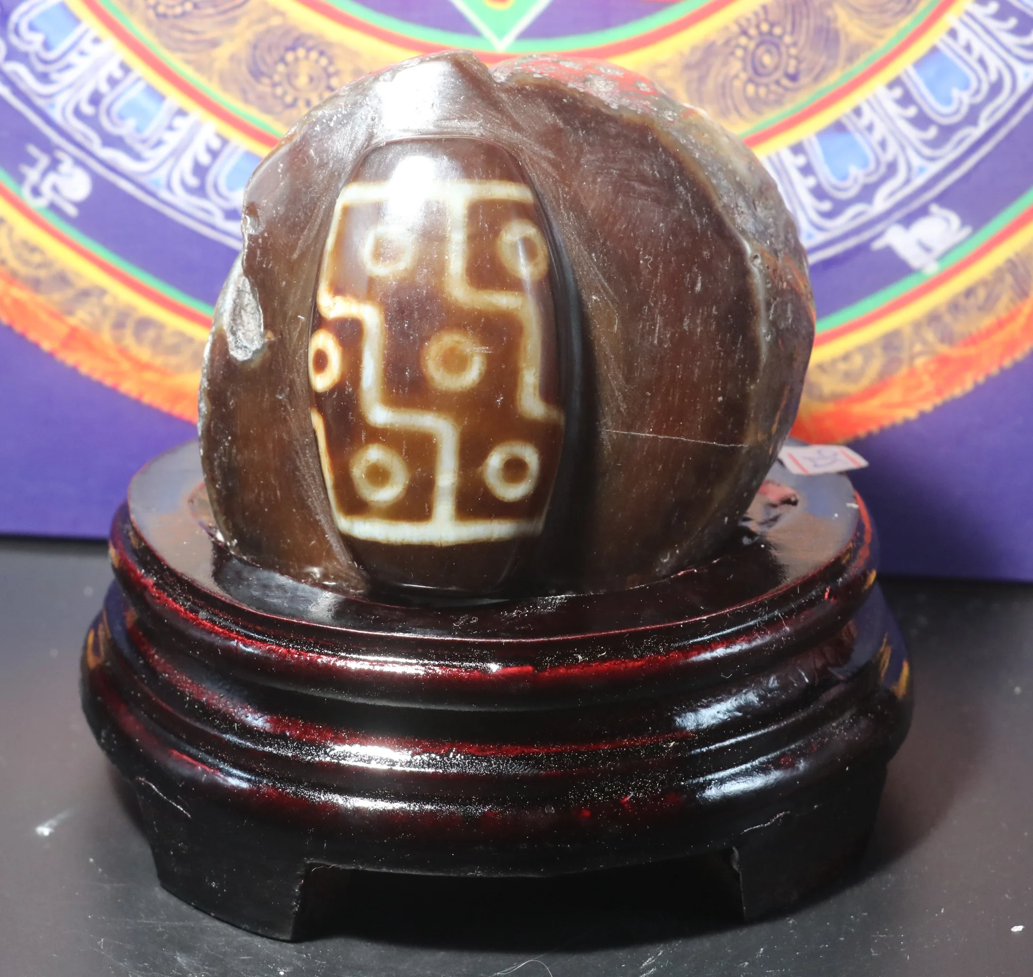 

A Treasure Energy Tibetan Old Agate Fold Line 6 Eyed Rock Stone dZi Bead Fengshui Carving L For Display L Timestown UPD22