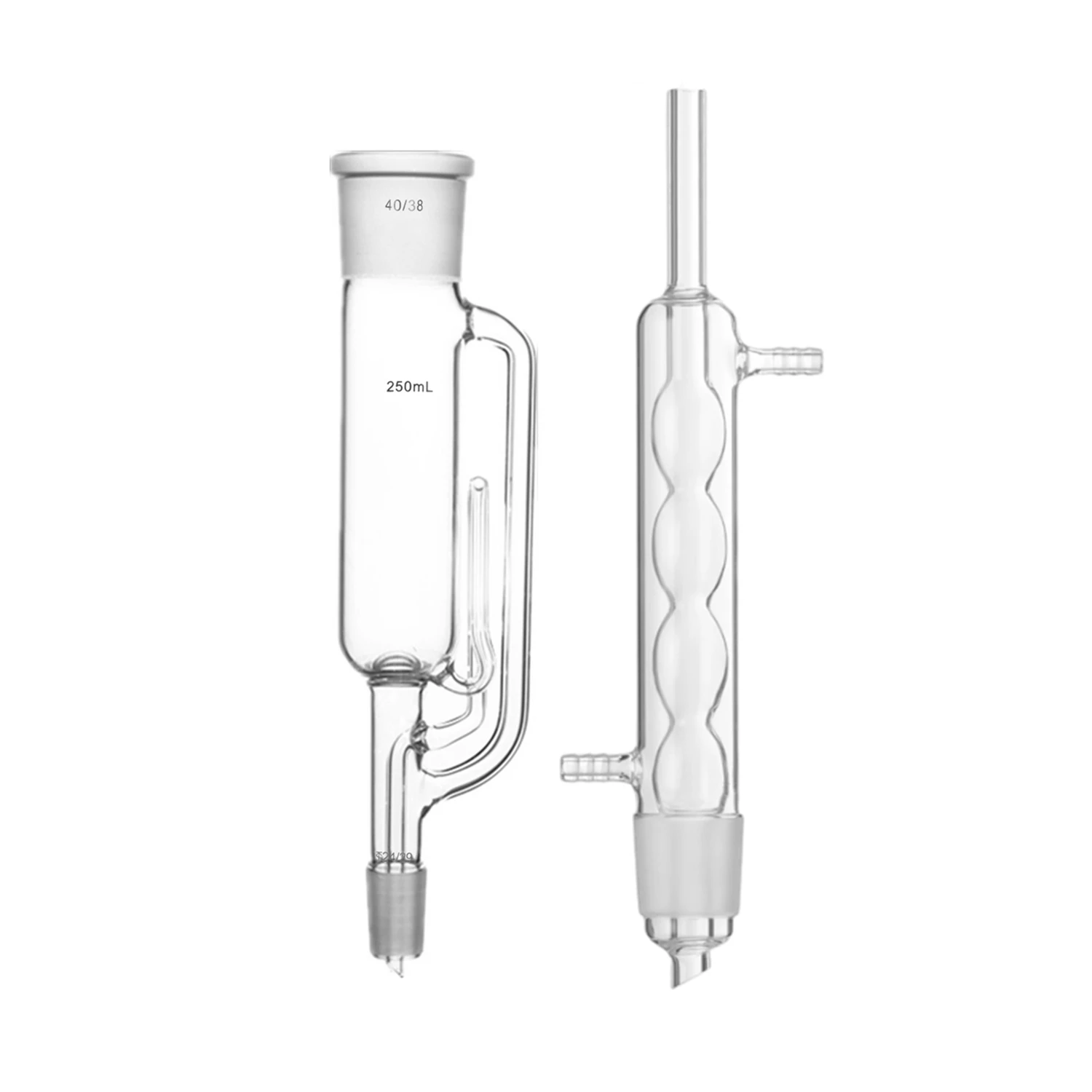 250ml, 유리 소흘 추출기 본체 및 볼 모양 콘덴서, 평평한 바닥 플라스크 2개