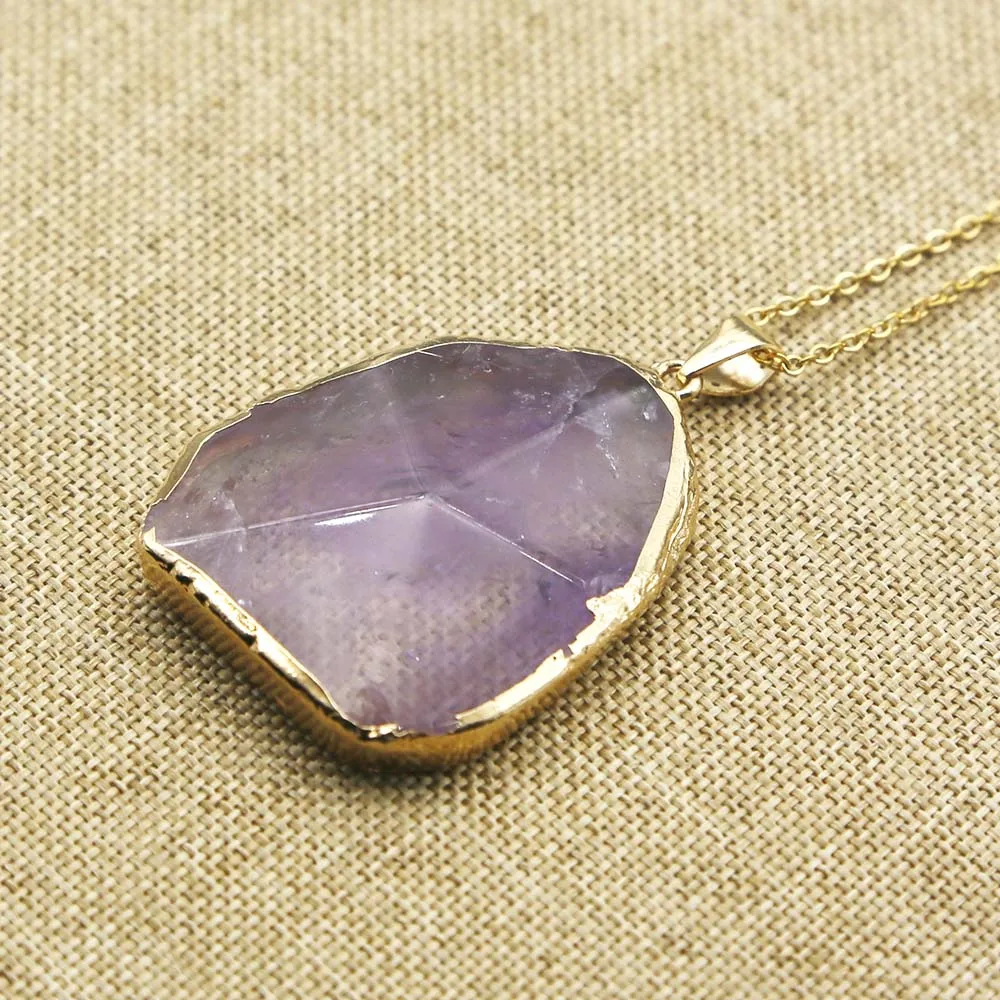 Quality Natural Amethyst Irregular Gold Plated Edge Necklace Pendant Stainless Steel Gold Chain Fashion Charms Jewelry Gift 4Pcs